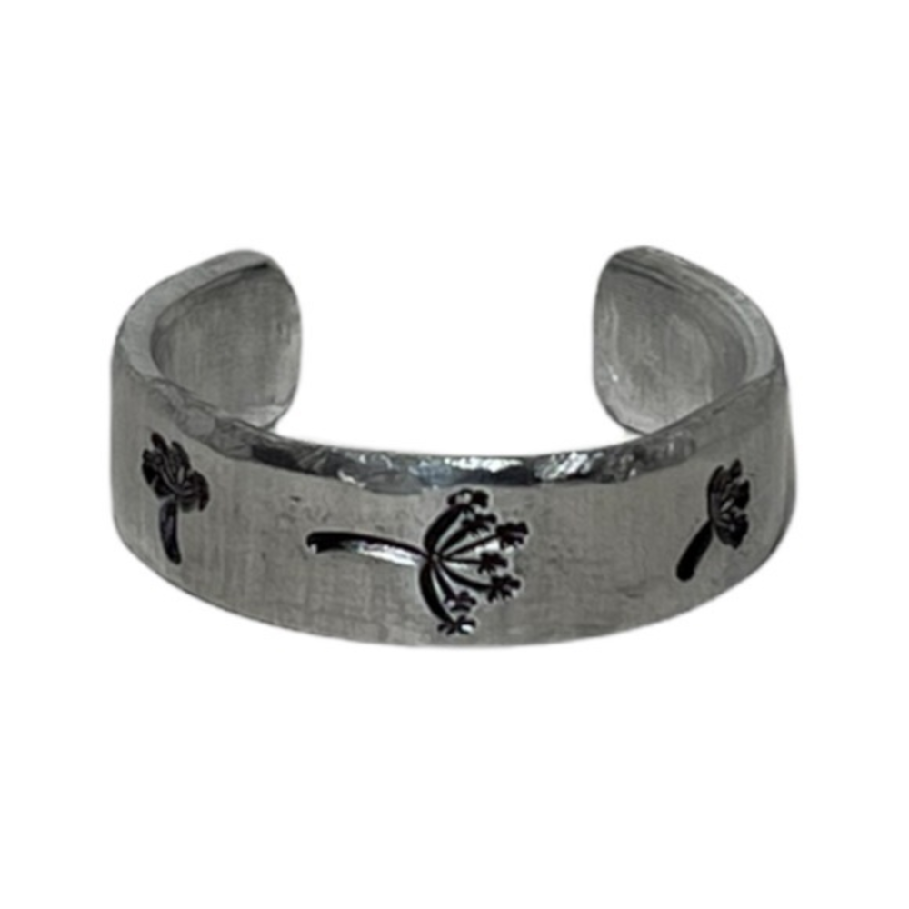 Handmade 9 stamped dandelion pattern silver adjustable hypoallergenic cuff ring